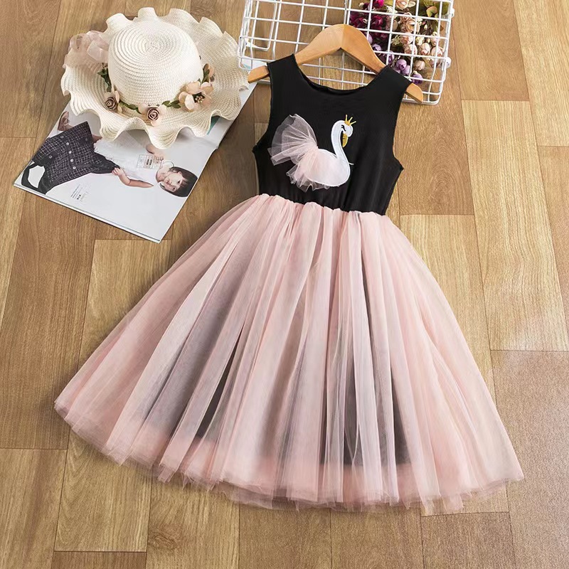 

Girl's Dresses High luxury 2022 summer new Design girl suspender mesh skirts swan princess skirt Ball Gown Tulle Pleated Animal Patchwork stitched sleeveless Clothe, Pink