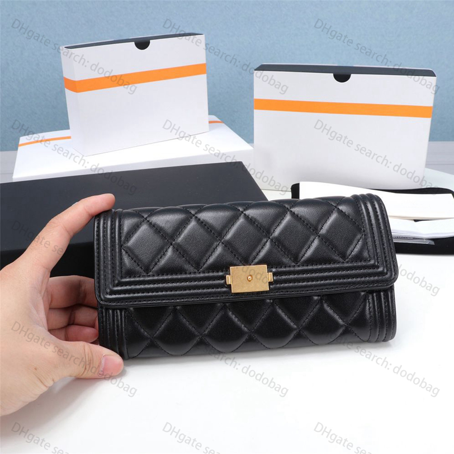 

Fashion Selling Classic wallet Women Top Quality Full Leather Luxurys Designer bag Gold and Silver Buckle Coin Purse Card Holder With box -002, Black sheepskin gold buckle