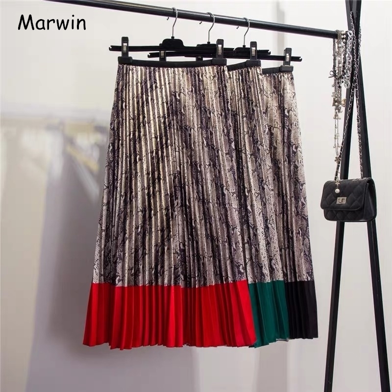 

Marwin Spring Newcoming Western style Snakeskin pattern Contrast stitching pleated skirts High Street Style ALine Skirts Y200326, Black