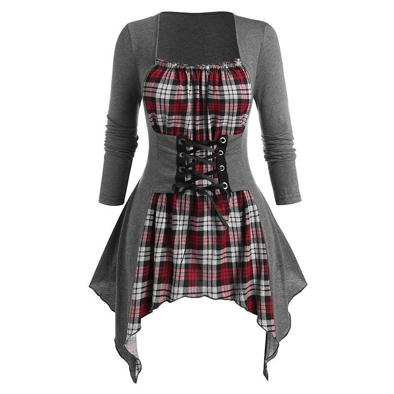 

Women's T-Shirt Plaid Lace Up Handkerchief Tee Hanky Hem 3xl 4xl 5xl 2 In 1 T-Shirts Faux Twinset Patchwork Basic, Gray
