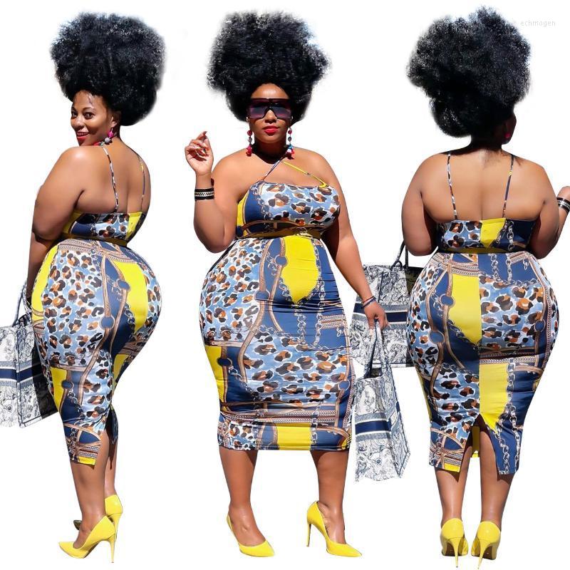 

Plus Size Dresses -4XL Summer Large Women Clothing Fashion Halter Sleeveless Printing Slit Club Slim Dress Wholesale Drop Echm22, Yellow