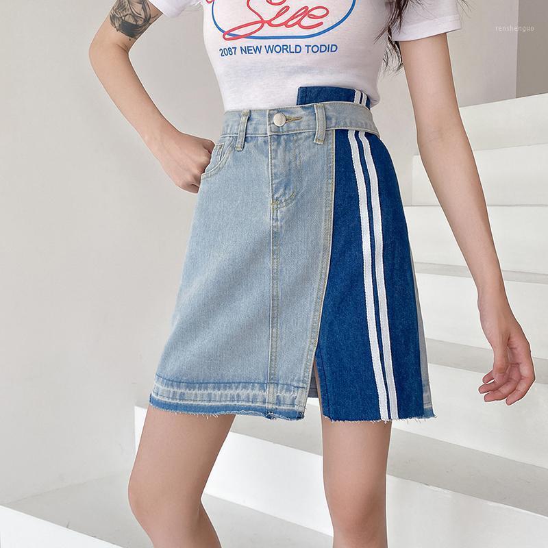 

Real Po Of Denim Skirt For Women 2022 Summer Versatile Color Contrast High Waist Slim Irregular A-line Short Skirts, Blue