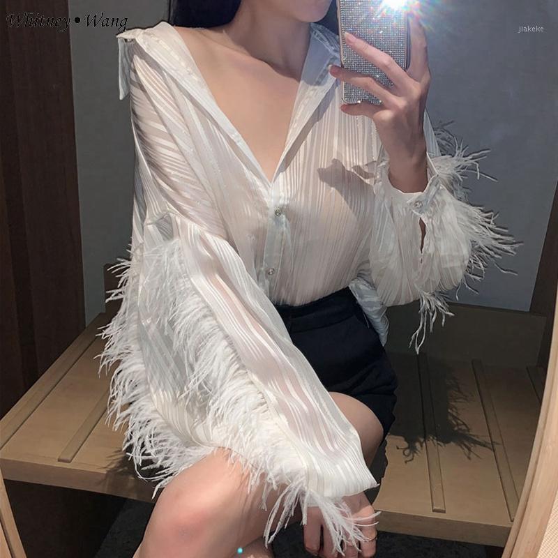 

WANG Blouses 2022 Autumn Fashion Streetwear Puff Sleeve See Through Shimmer Feathers Blouse Women Blusas Lady Shirt Top, Black