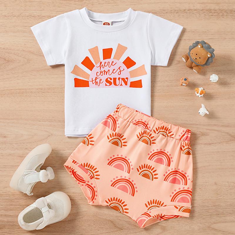 

Clothing Sets Baby Girl Summer Shorts Suit Sun Letters Print Short Sleeve Crew Neck Tops Elastic Waist ShortsClothing