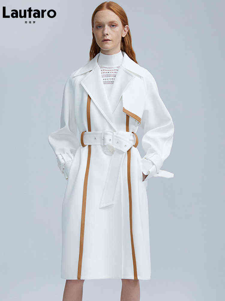 

Lautaro Spring Autumn Long Brown Leather Patchwork White Trench Coat For Women Belt Runway Luxury Designer Overcoat Fashion 2022 J220727