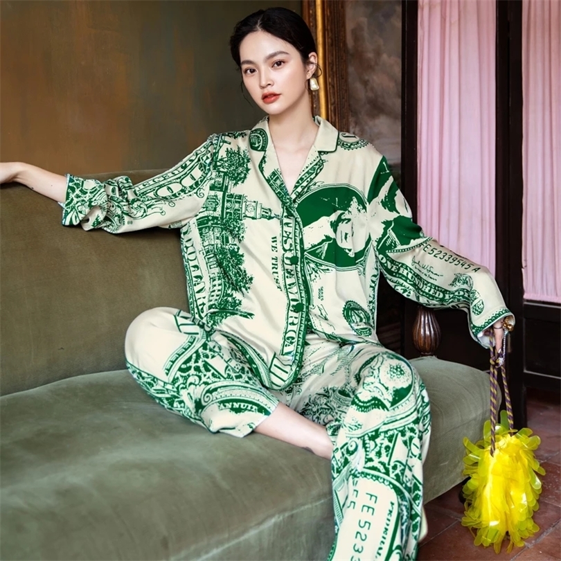 

Silk Original Design Dollar Pajamas for Women Autumn Long Sleeve Thin Two Piece Homewear Leisure Tops Can Be Worn Outside Lovers 220329