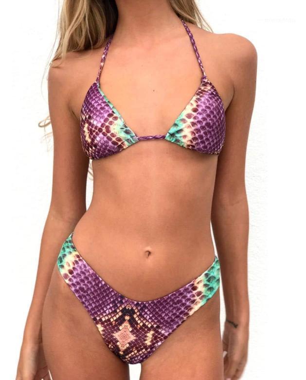 

Women' Swimwear Women Sexy Halter Snake Print Top Bottom 2-piece Bikini Set Summer Bathing Suit Holiday Beach Pool Bandage Swimming Costume, Multi