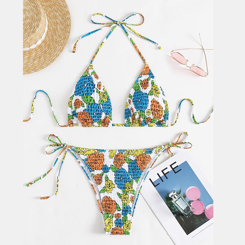 

Women' Swimwear Bikini Set 2022 Sexy Floral Print Pleated Halter Lace Up Triangle Swim Shorts Women Beach ClothingWomen, Blue