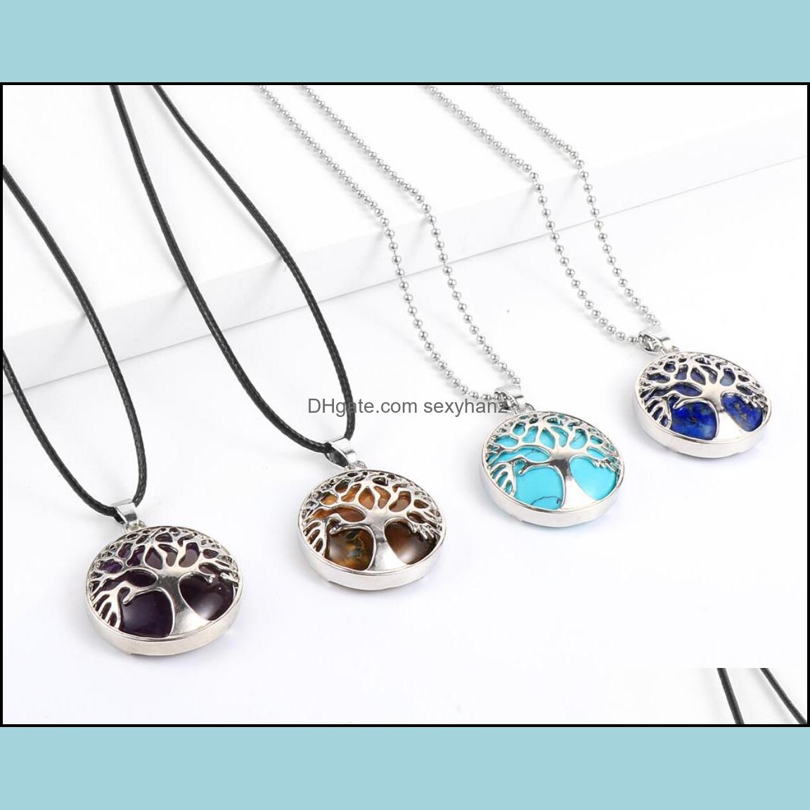 

Pendant Necklaces Pendants Jewelry Natural Stone Necklace Rose Quartz Crystal Turquoises Tiger Eye Tree Of Life Pendum For Women Reiki Dro
