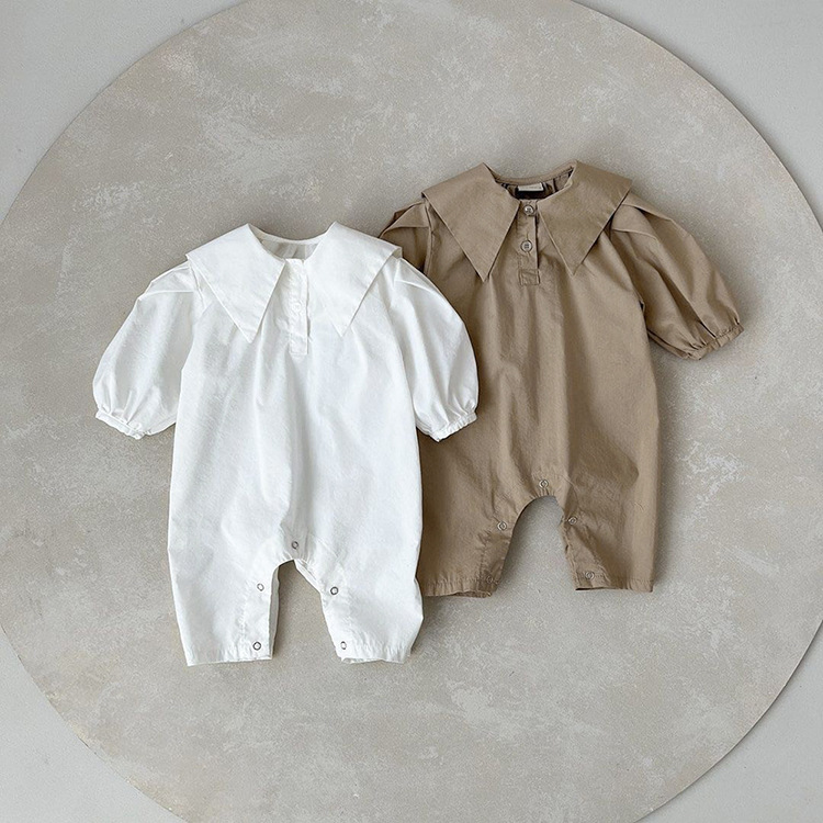 

Autumn infant kids romper newborn boys girls shirt lapel long sleeve jumpsuits climb clothes baby cotton diaper Q7673, Beige