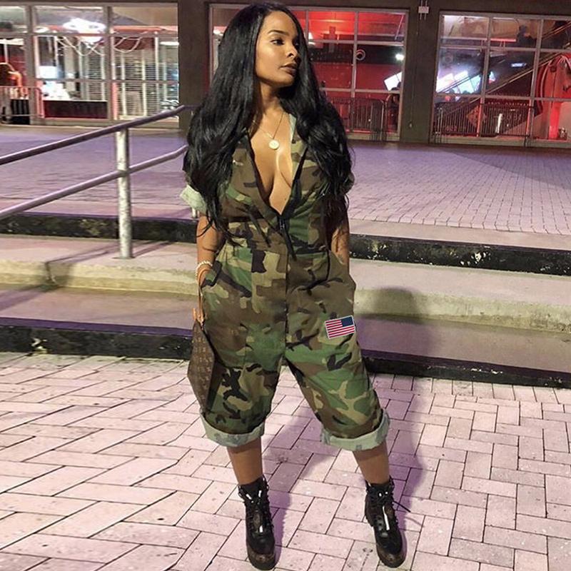 

Women' Jumpsuits & Rompers Women Camouflage Jumpsuit Army Military Cargo Shorts Female Playsuit Plus Size Print Zipper Streetwear Chic Turt, Blue