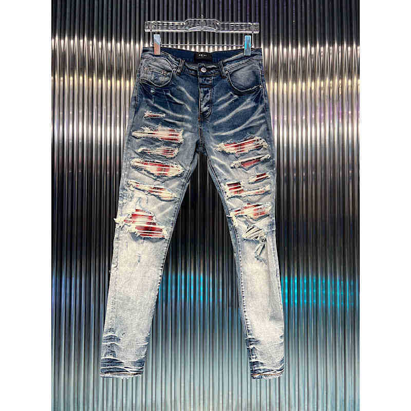 

amirs men jeans amirs 2022 new high street fashion brand washed blue worn hole Plaid patch slim legged jeans men Hip Hop