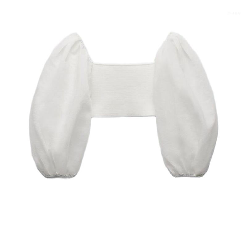 

Women' Blouses & Shirts DiYiG WOMAN 2022 Summer Clothing Sweet One-line Collar Unkempt Sleeve White Stretch Hard Yarn Stitching Top, Ivory