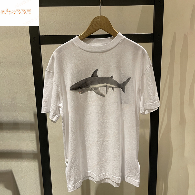 

Newest tee broken head shark back print alphabet pattern round neck short sleeve mens and womens same size S-2XL, White