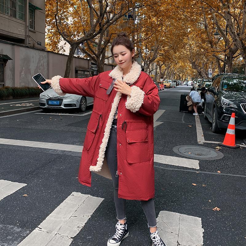 

Women's Down & Parkas FTLZZ Winter Elegant Women Lamb Wool Stitching Cotton Jacket Korean Style Casual Loose Mid-length Thickened Coat Luci2, Black