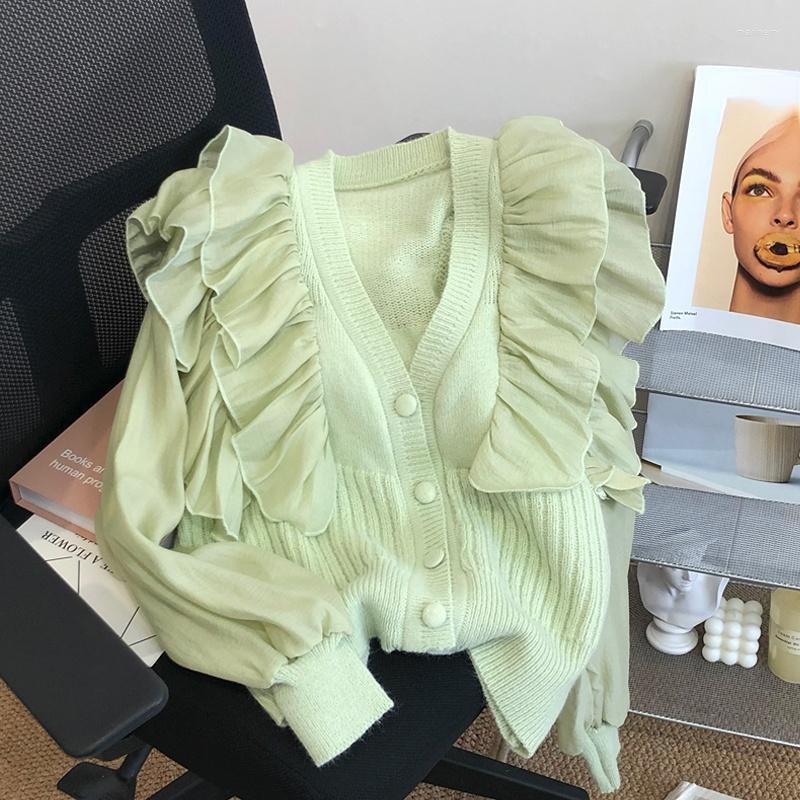 

Women's Knits & Tees Knitted Women Sweater Cardigan Winter 2022 Lightweigth Short Ruffles Long-Sleeved Slim Elegant Office Lady Outwear Tops, Green