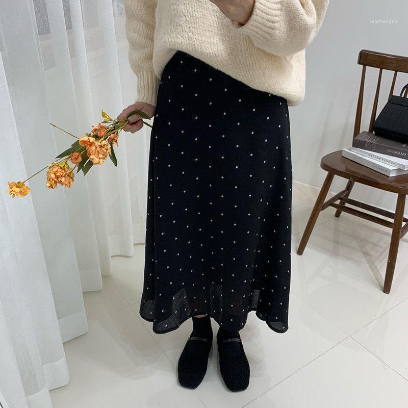 

Skirts Autumn Summer Sweet Elegant Mid-Calf Fresh Empire Style Simple Polka Dots Straight All-Match Free, Black