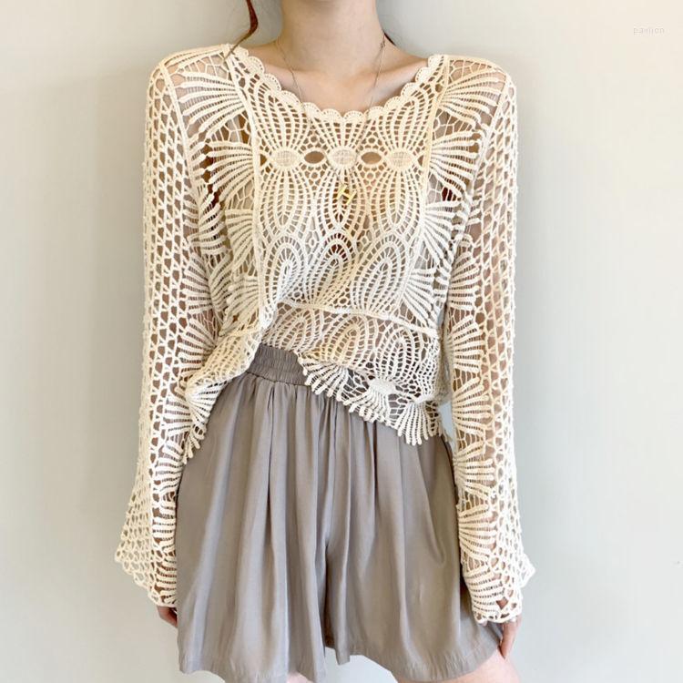 

Women's Blouses & Shirts Blouse Women Shirt Summer Long-Sleeved Top Hollow Mesh Knitted Lace For Blusas Mujer De ModaWomen's, White-1