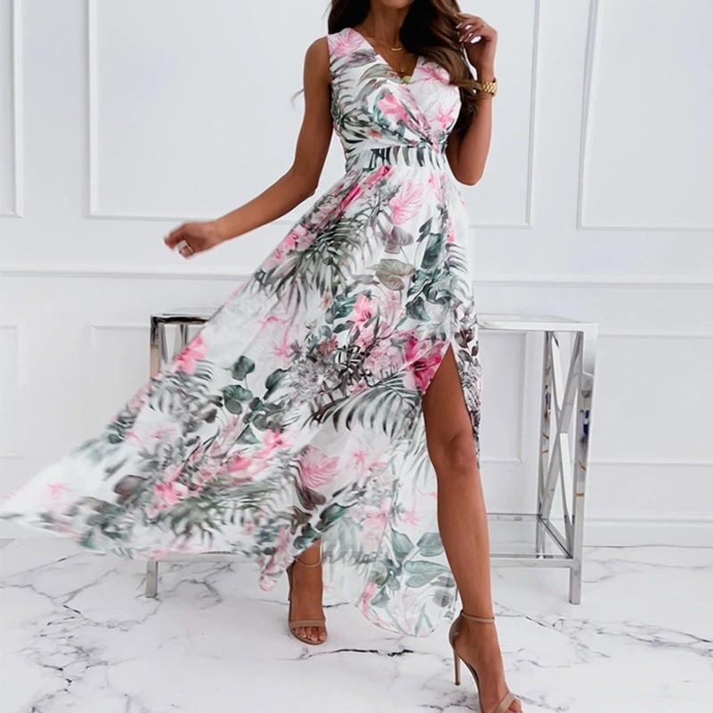

Casual Dresses Women Floral Maxi Chiffon Dress Summer 2022 Flower Printed V Neck Sleeveless Evening Party High Slit Sexy Beach Long DressCas, Blue