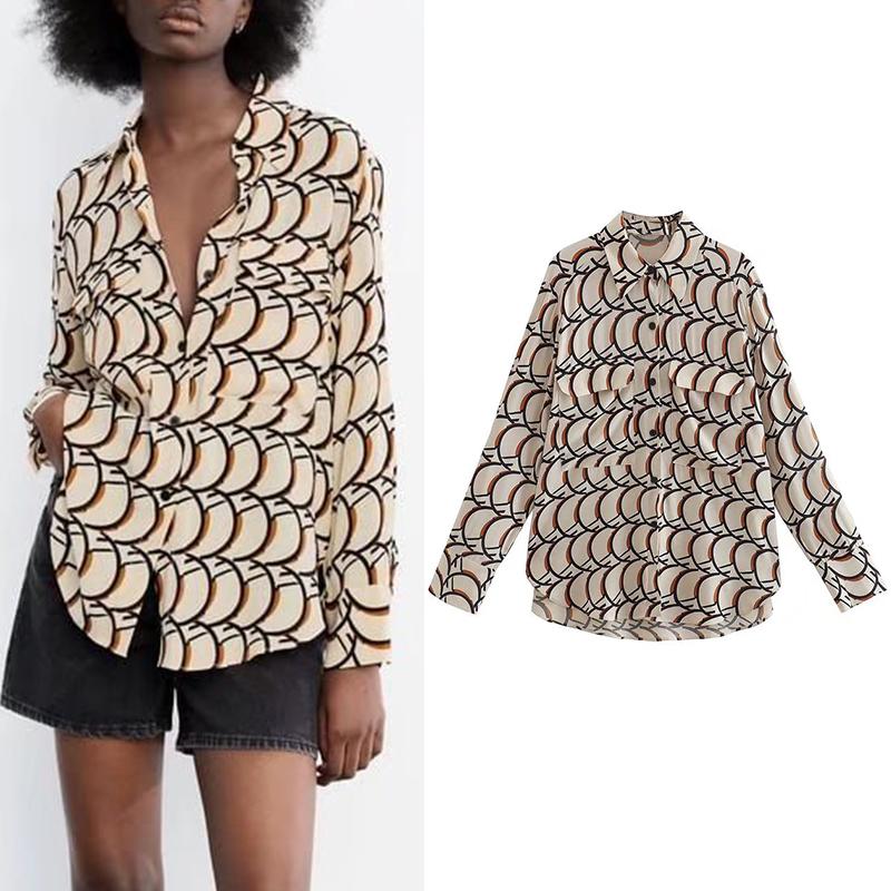 

Women's Blouses & Shirts Spring Women Fashion Printed Shirt Casual Loose Long Sleeve Single-breasted Lapel Female Mid-length Chic Top XX8518, As picture