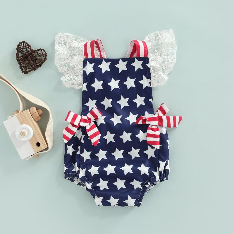 

Rompers CitgeeSummer Independence Day Infant Baby Girls Bodysuit Sleeveless Backless Stripe Star Printed Lace Jumpsuit ClothesRompers, As pic