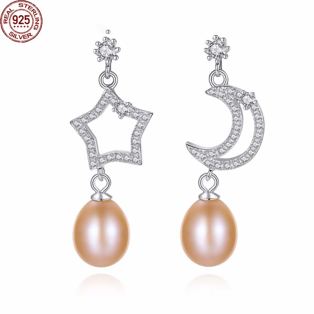 

Stud Sun and Moon Natural Freshwater Pearl Long Earrings Real 925 Sterling Silver Je