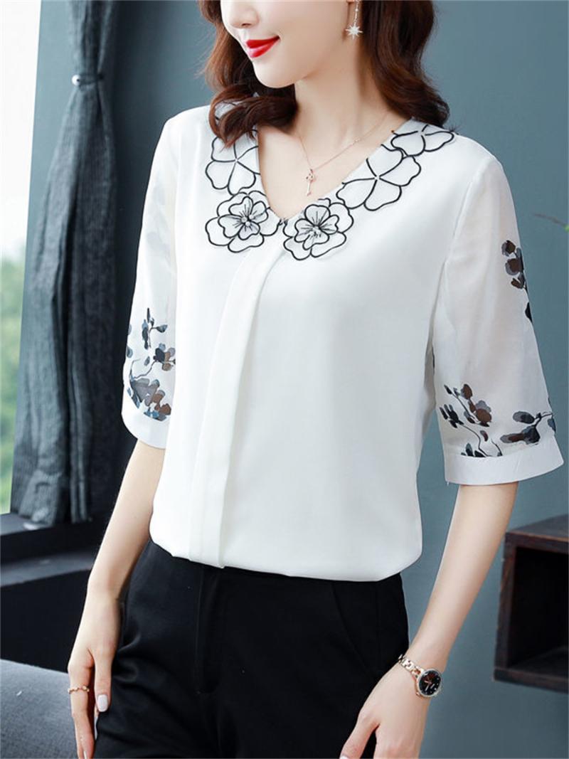 

Women's Blouses & Shirts Women Spring Summer Lady Fashion Casual Half Sleeve O-Neck Collar Flower Printing Blusas Tops2429Women's, White