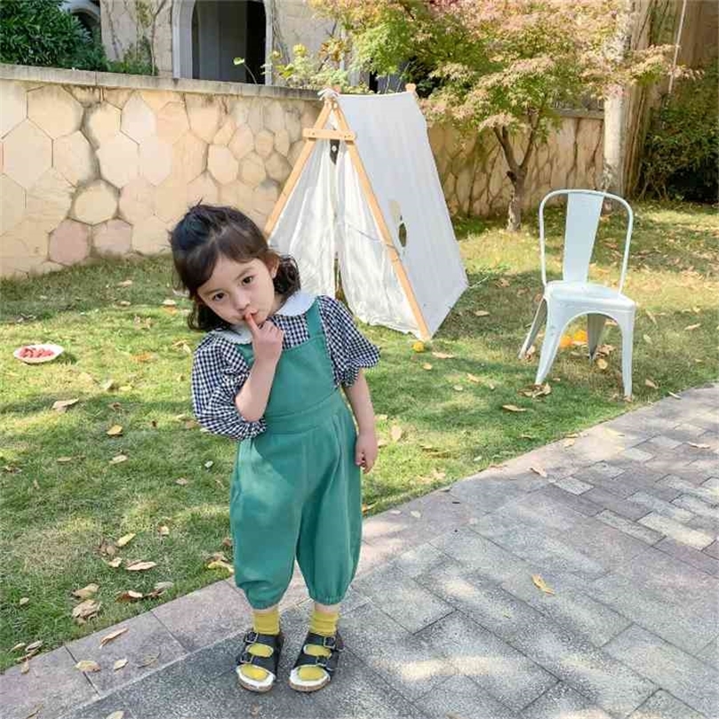

Pastoral style kids casual overalls Spring boys girls solid color suspender trousers bib pants 210708, Plaid shirt