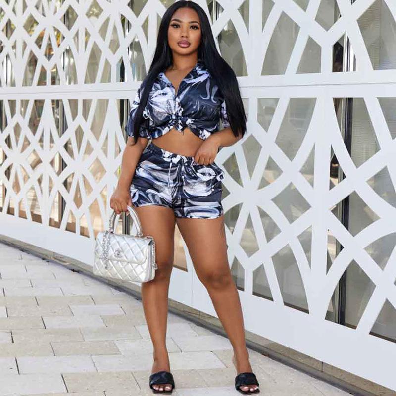 

Women' Tracksuits Summer Print Two Piece Set Women Fashion -Neck Short Sleeve Cardigan Bandage Stretchy Straight Shorts Activewear SuitsWom, Purple