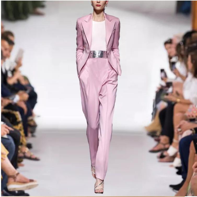 

Women' Two Piece Pants Runway Women' Blazer Suits Pink Long Sleeve Pant Suit 2pcs Set 211009lLJ04Women