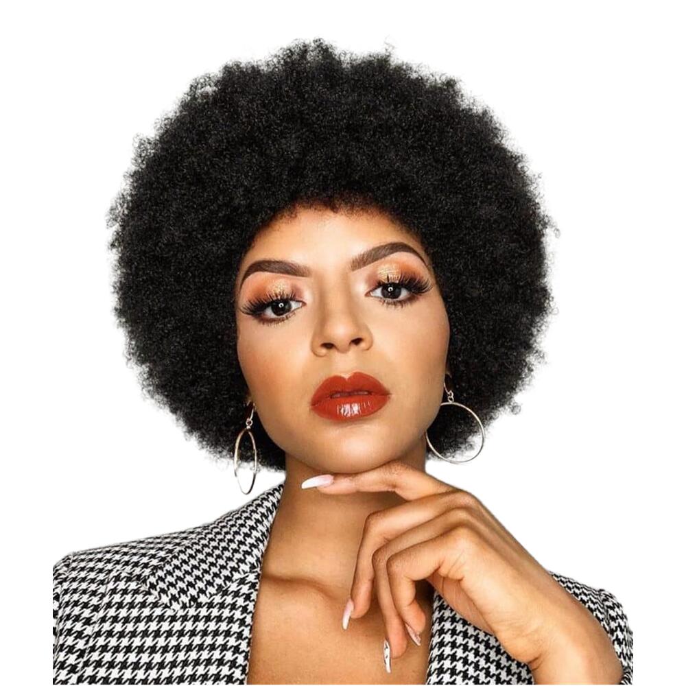 

Afro Kinky Curly Human Hair Wig With Thick Bangs Natural Color Short Bob Wigs For Black Women 130% Density Full Machine Made, 1b