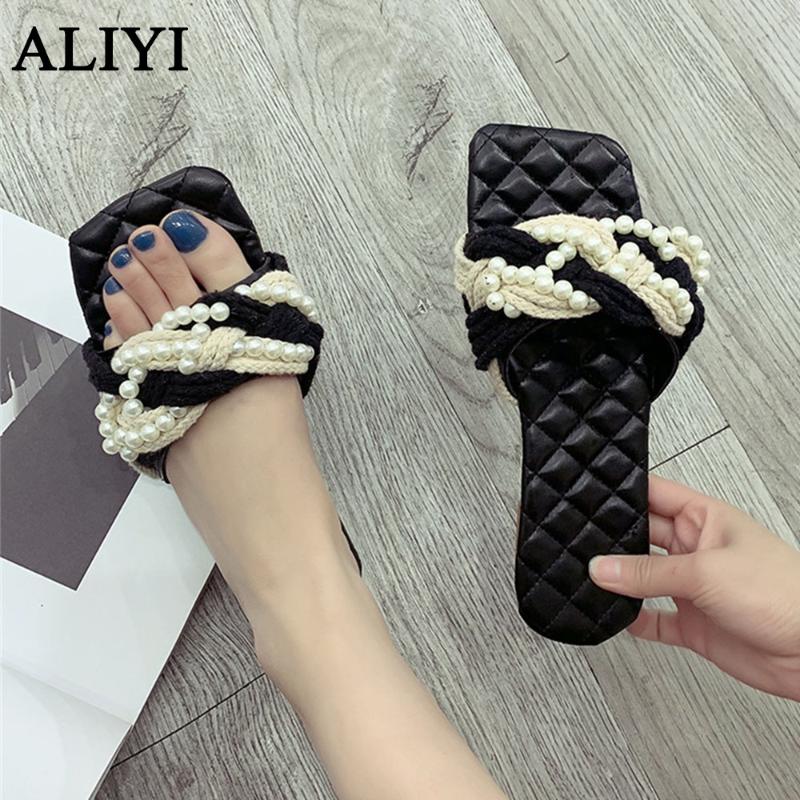 

Sandals 2022 Fashion Women Summer Straw Twisted Rope Pearl Slippers Flat Black Diamond Comfortable Female Dress Slides, Round toe