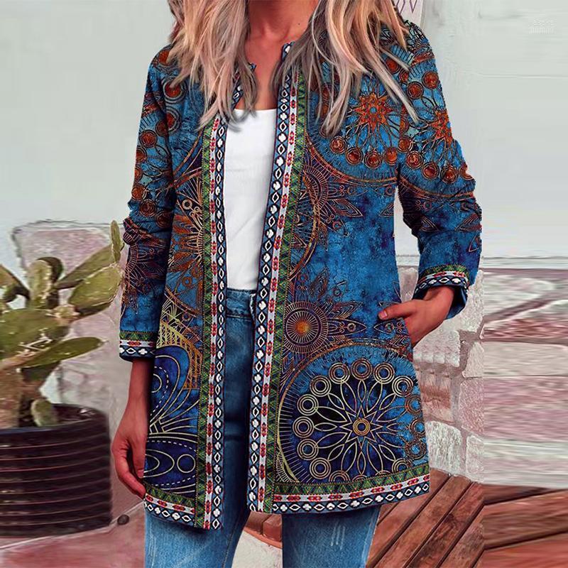 

Women's Jackets Autumn Winter Office Lady Casual Cardigan Vintage Printing Women Round Neck Coat Fashion Pocket Loose Long Sleeve Jacket, 02 print