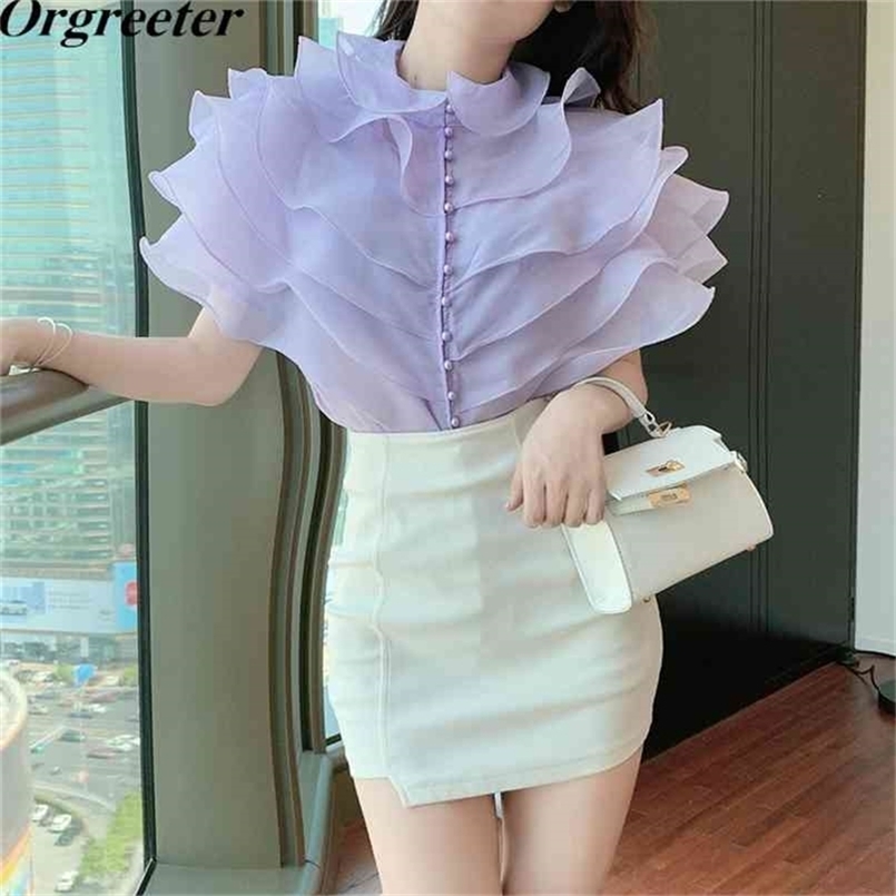 

Multi-layer Ruffles Organza Purple Shirt Women's Vintage Single-breasted Flying Sleeve  Slim Blouse Top 210602, Purple short sleeve