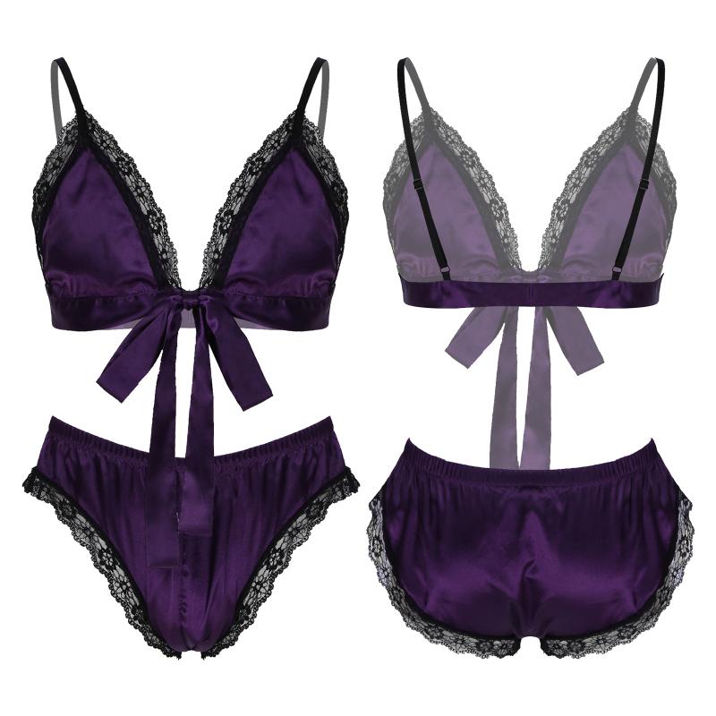 

Bras Sets Mens Erotic Sissy Lingerie Suit Bow Lace-up Spaghetti Straps Brassiere With Elastic Waistband Bottom Satin Lace Trim Nightwear, Black