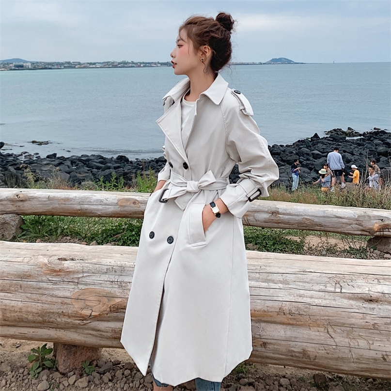 

Fashion DoubleBreasted Women Trench Coat Long Belted Slim Lady Duster Coat Cloak Female Outerwear Spring Autumn Clothes L220812, Beige