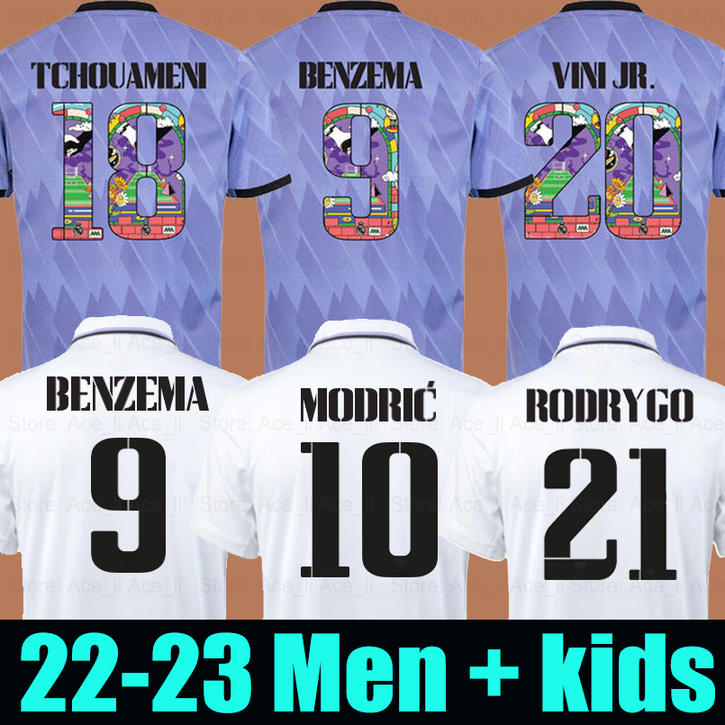 

BENZEMA Limited Edition soccer jersey 22 23 Real TOUR VINI JR Madrids CAMAVINGA TCHOUAMENI MODRIC Cartoon font number men kids kit 2022 2023 football shirt, 22-23 away+patch