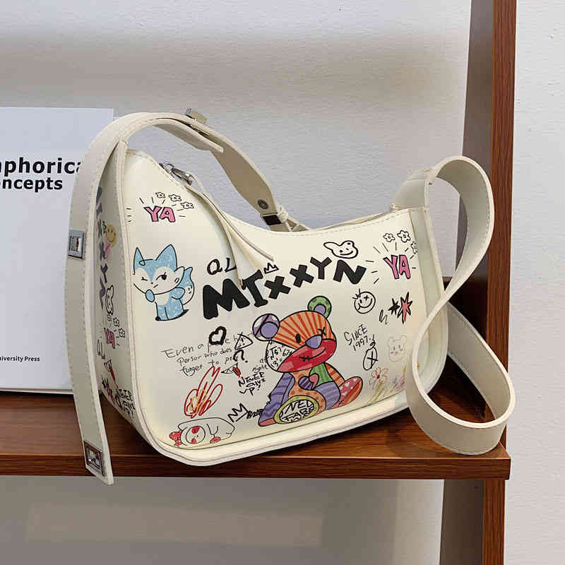

Cartoon Graffiti Pu Leather Armpit Shoulder Bags for Women 2022 Fashion Women's Designer Crossbody Bag Luxury Brand Handbag, White