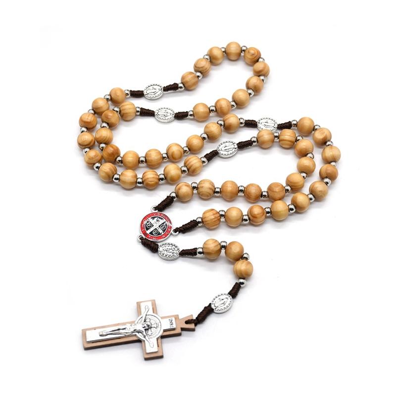 

Pendant Necklaces Wood Rosary Necklace Catholic Long Weave Women Men Religious JewelryPendant