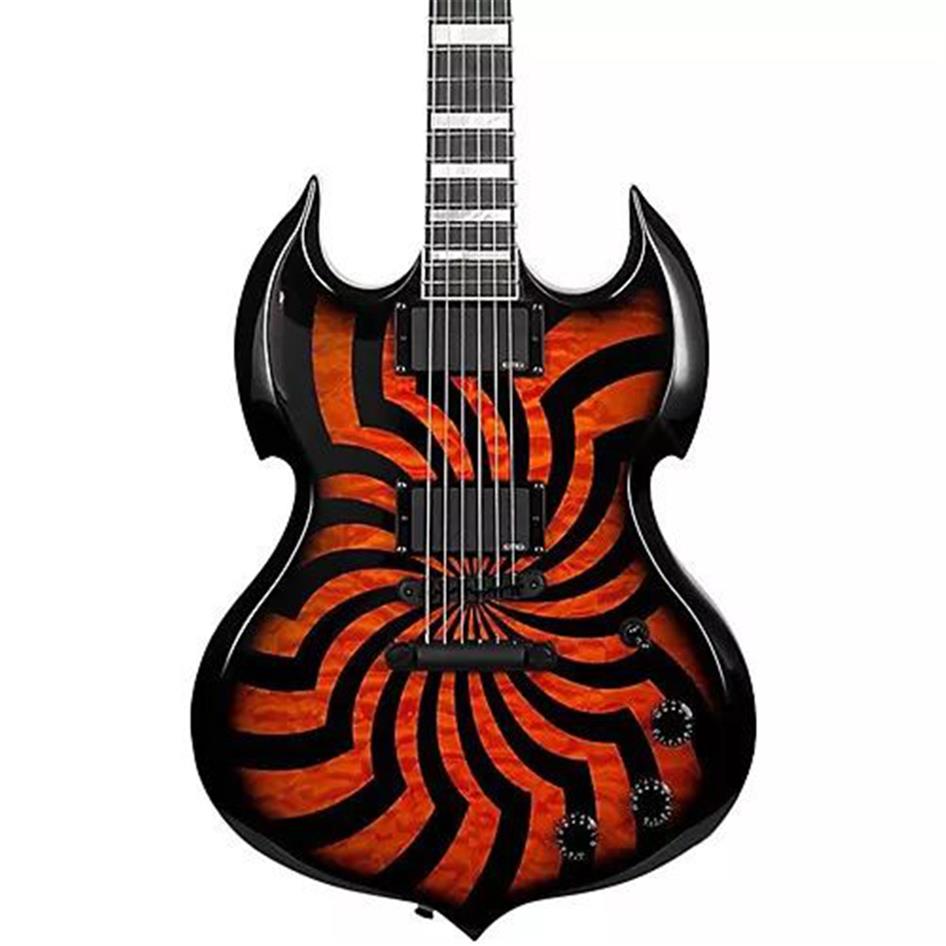 

Wylde Audio Barbarian Electric Guitar HellFire Buzzsaw Zakk Bullseye SG Flame Black Guitars MOP Large Block Inlay Black Hardware307a