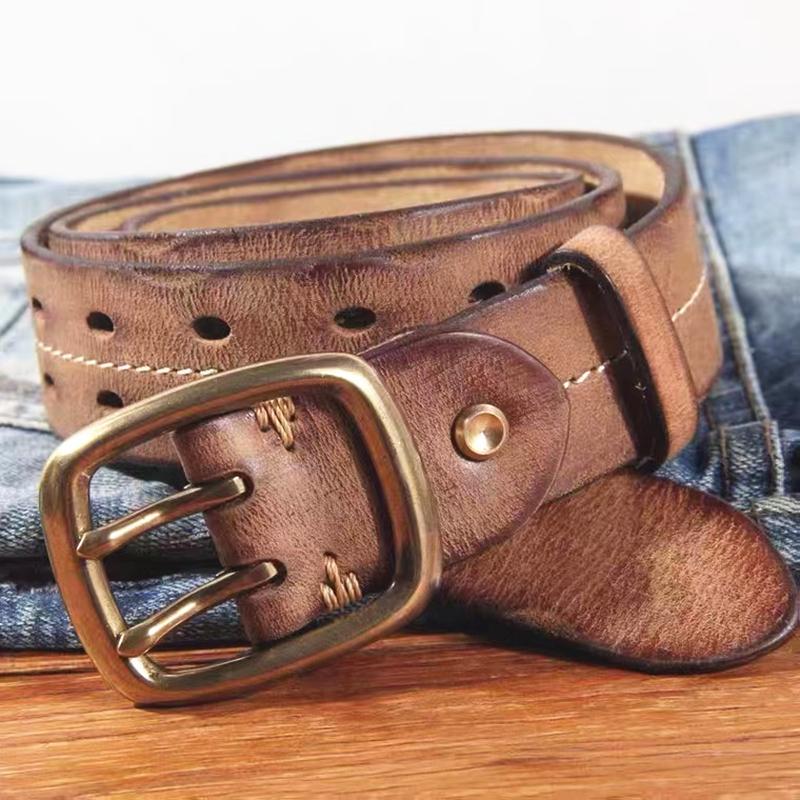 

Belts Full Grain Leather Double Hole Prong Belt Heavy Worker Retro Distressed Casual Thick Cowhide Brass Buckle Fashion JeansBelts, Black