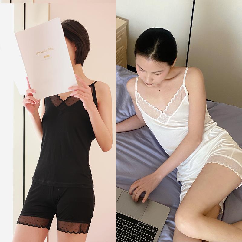 

Women's Tracksuits Lace-edged Mulberry Silk Summer Ladies Camisole Vest Anti-glare Leggings Safety Pants Homewear SuitWomen's, White shorts