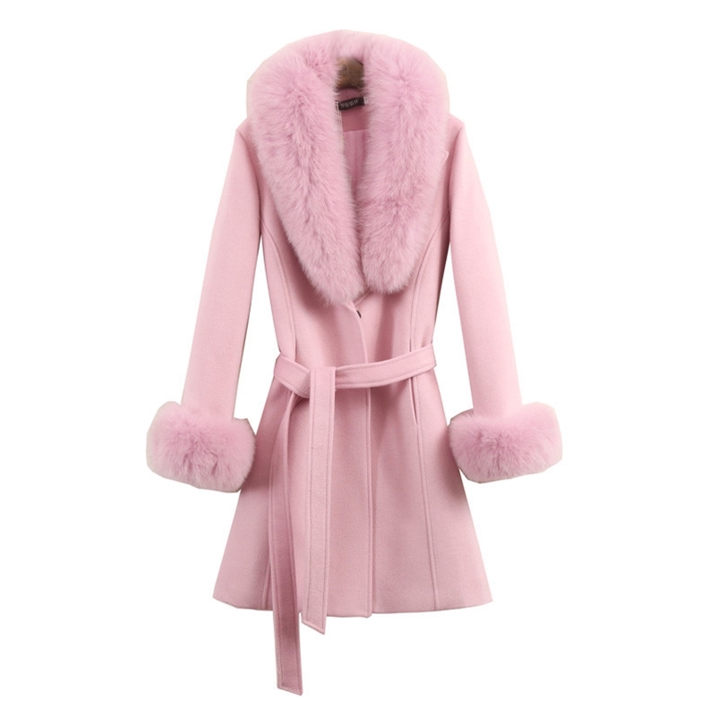 

Women' Wool Blends Woman Autumn Winter High Quality Elegant Woolen Coat Female Long Section Slim Belt Large Coat Detachable Fur Collar 220826, Red