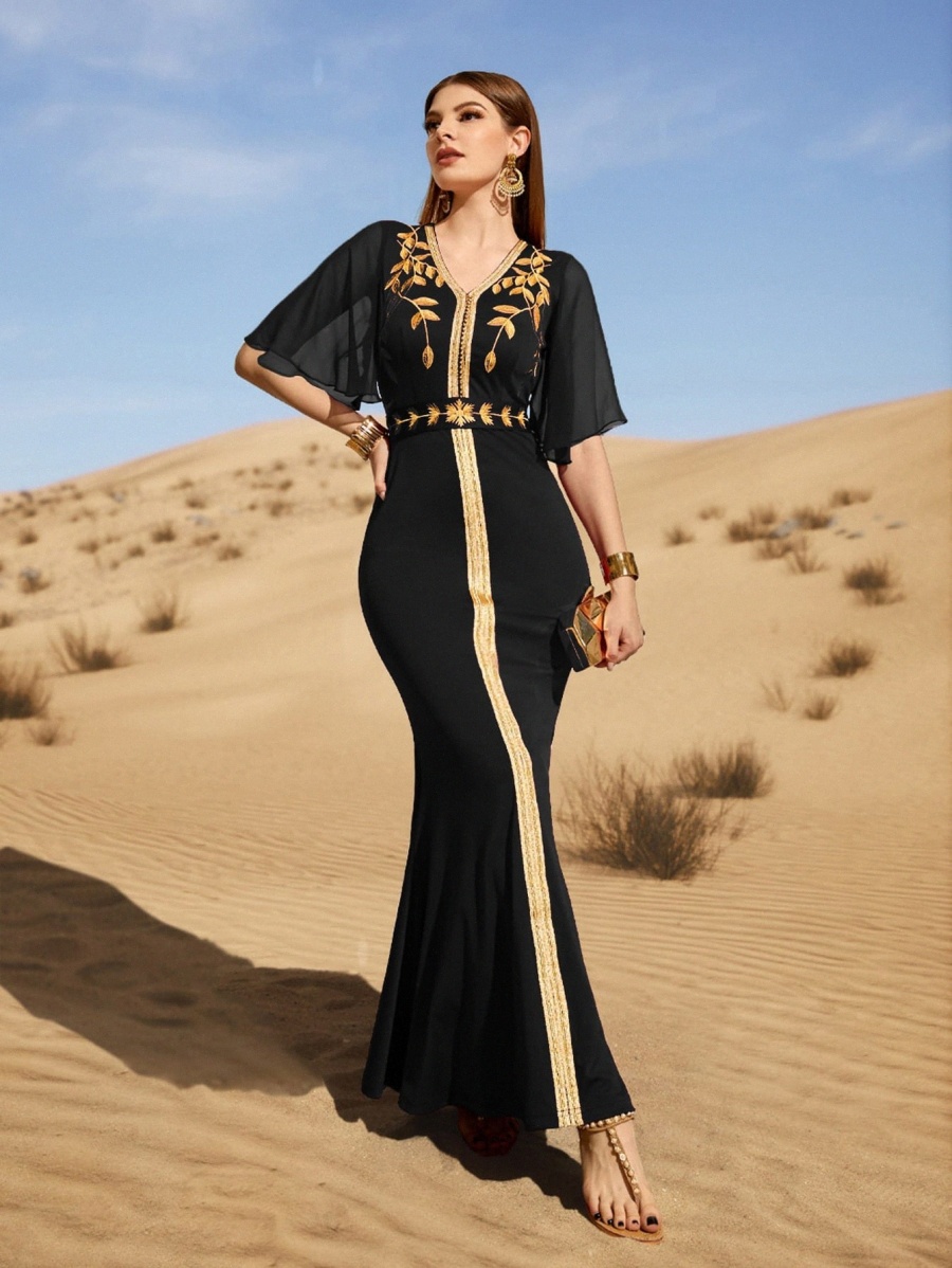 

leaf Embroidery Contrast Tape Butterfly Sleeve Belted Maxi Mermaid Dress 76G5#, Black