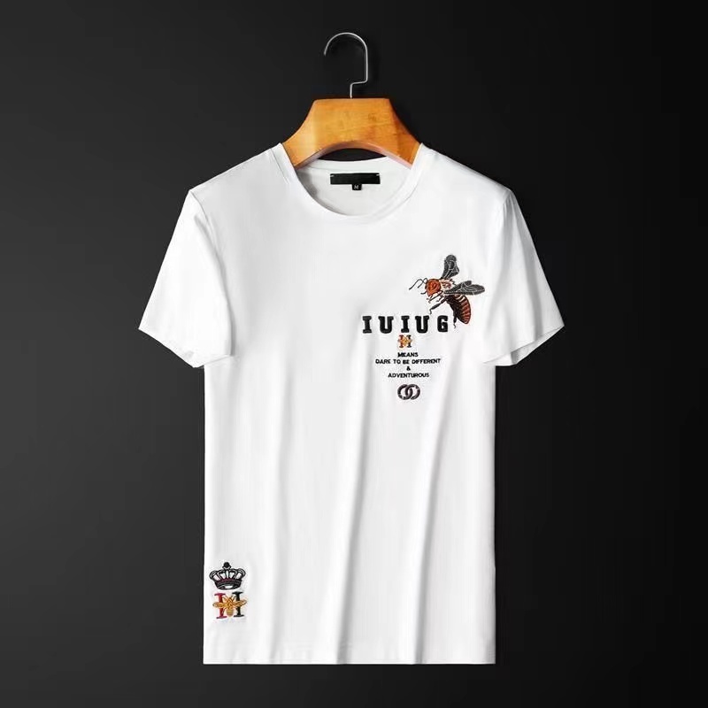 Été À Manches Courtes Hommes T-Shirts Nouvelle Tendance Broderie Abeille Couronne Lettre Bottoming Shirt Slim Versatile Top Homme Tees Casual Hom