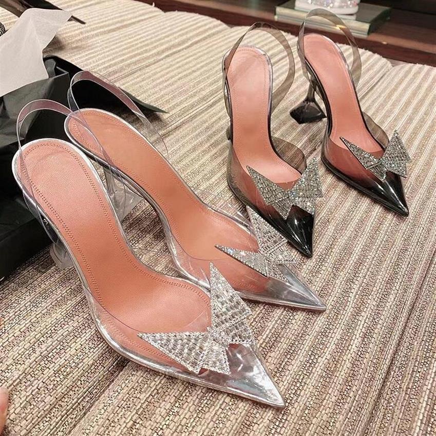 

AMINA MUADDI Woman Sandals Italy Amina Muaddi Black Satin Begum Sling Heels Amina Muaddi Begum Crystal Brooch Slingback Pumps Blac270i, Clear