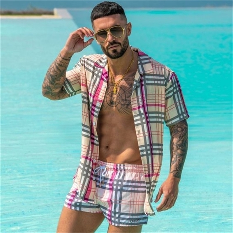 

Grid Hawaiian Set Mens Printing Short Sleeve Summer Casual Floral Shirt Beach Two Piece Suit Fashion Men s S 3XL 220613, Tz-9