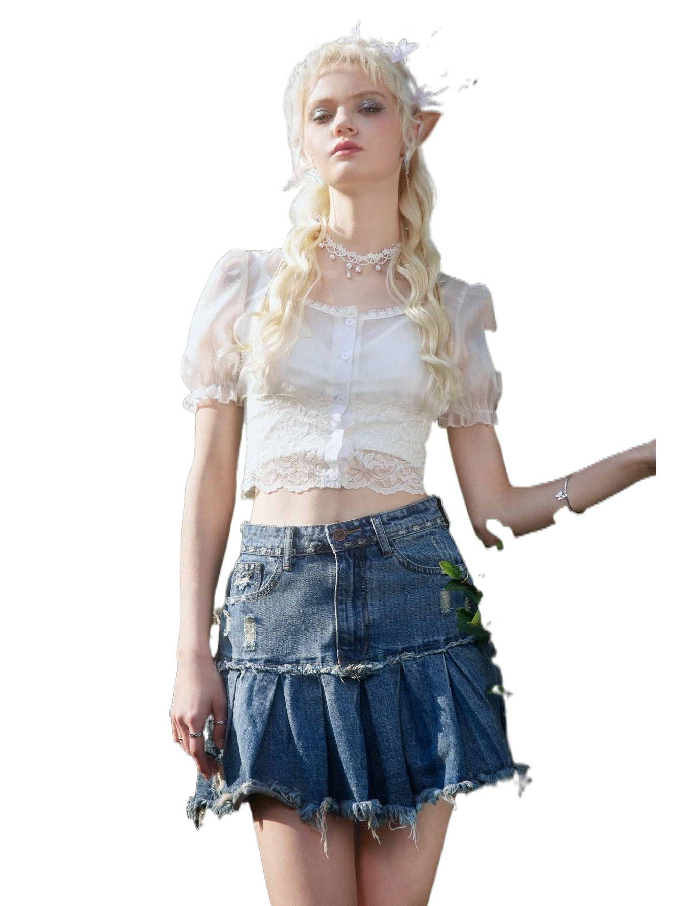 

romwe Contrast Lace Sheer Blouse Without Cami 01jX#, Beige