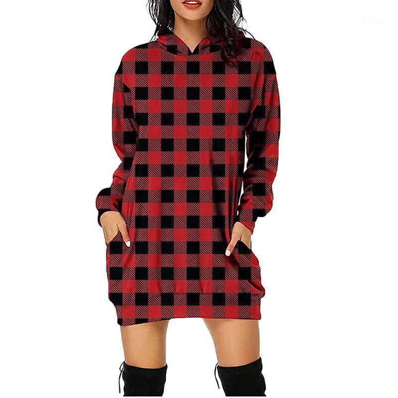 

Casual Dresses 2022 Printed Plaid Dress Autumn And Winter Long Pocket Hooded Long-sleeved Sweater Pullover Ladies Loose, Blue