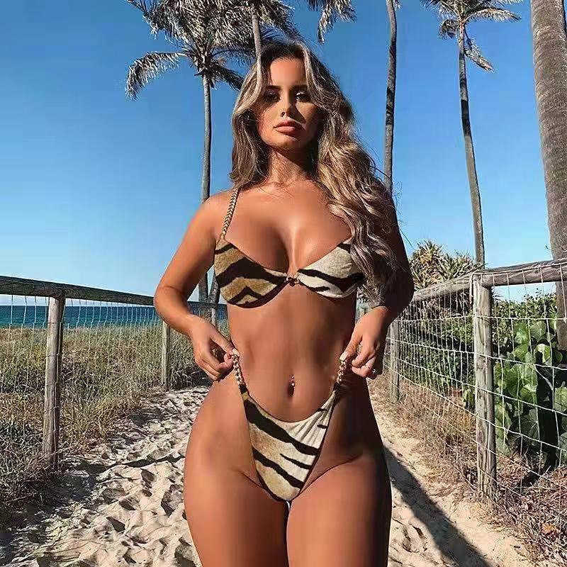 2022 Leopard Tiger Print Women Swimwear Metal Chain Bikini Sexy Two Piece Swim Suit Woman Swimsuit Micro Bikinis Thong Bathing Suit-image-775254379